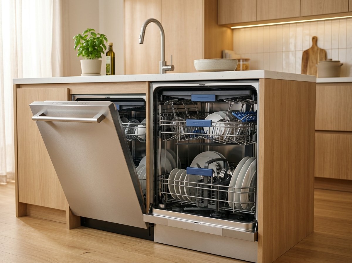 Elica built-in dishwasher installed under kitchen counter with open rack and cutlery basket