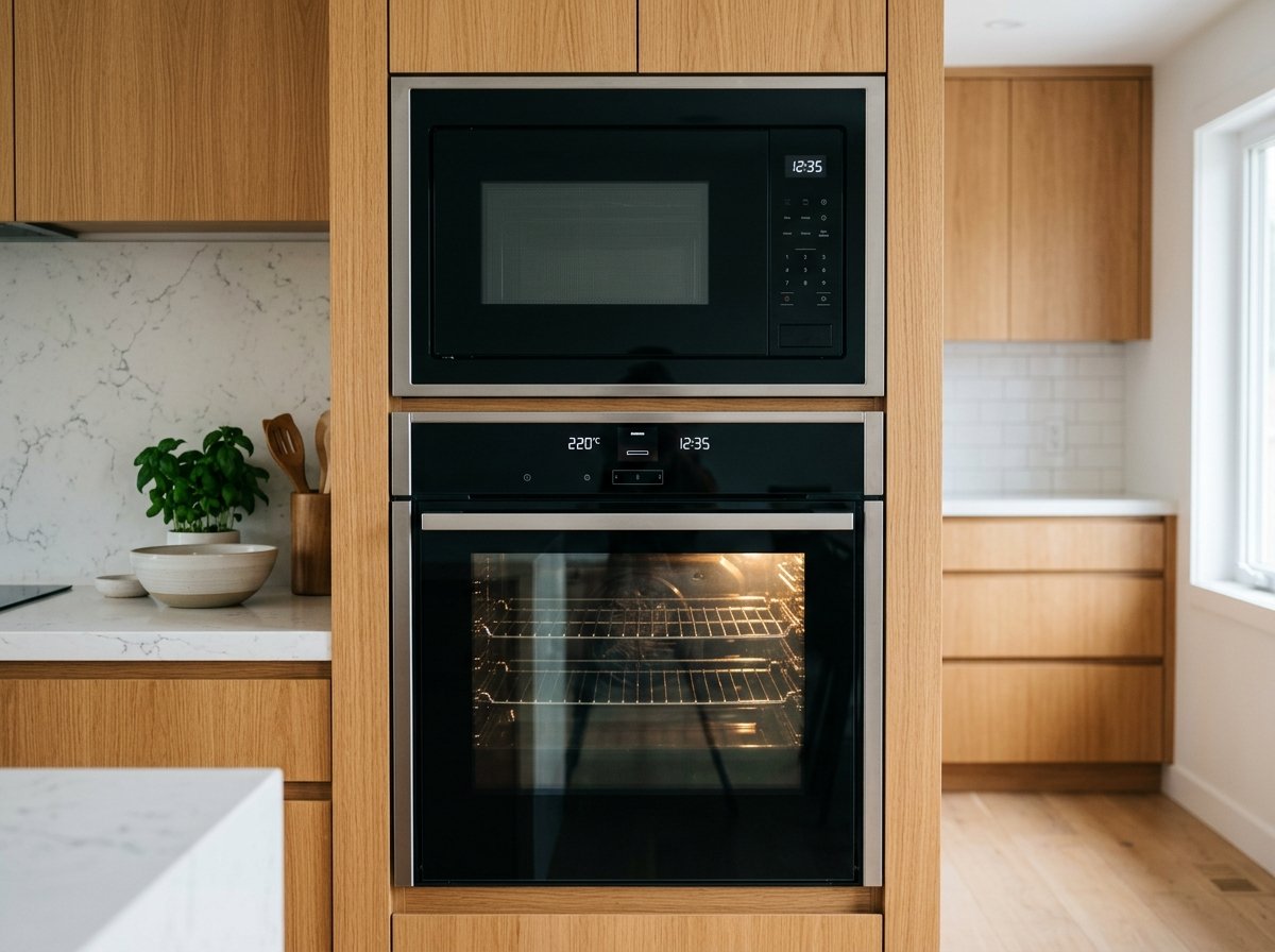 Elica built-in convection oven and microwave unit in kitchen cabinetry