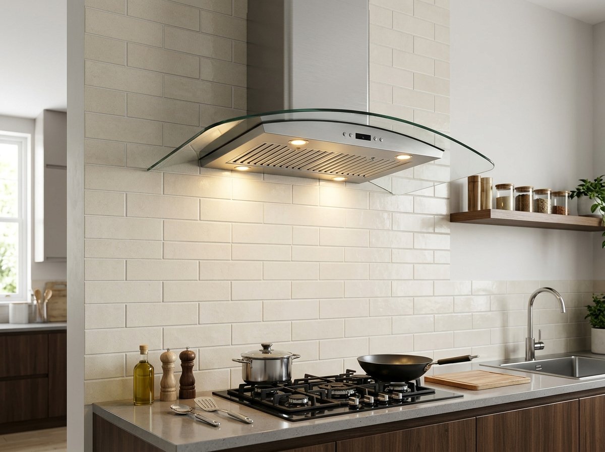 Elica curved glass kitchen chimney with stainless steel baffle filters installed in modern kitchen