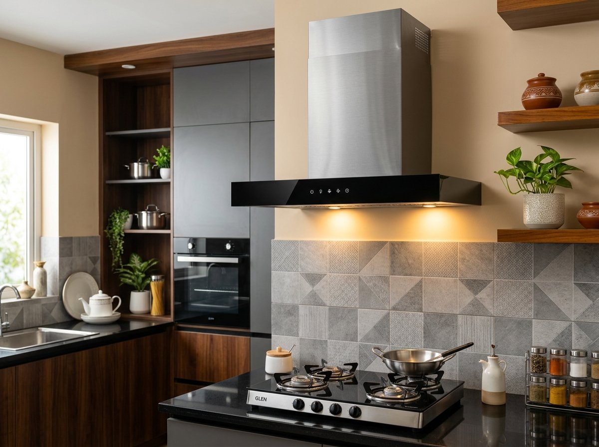 Elica auto-clean kitchen chimney with curved glass and touch controls